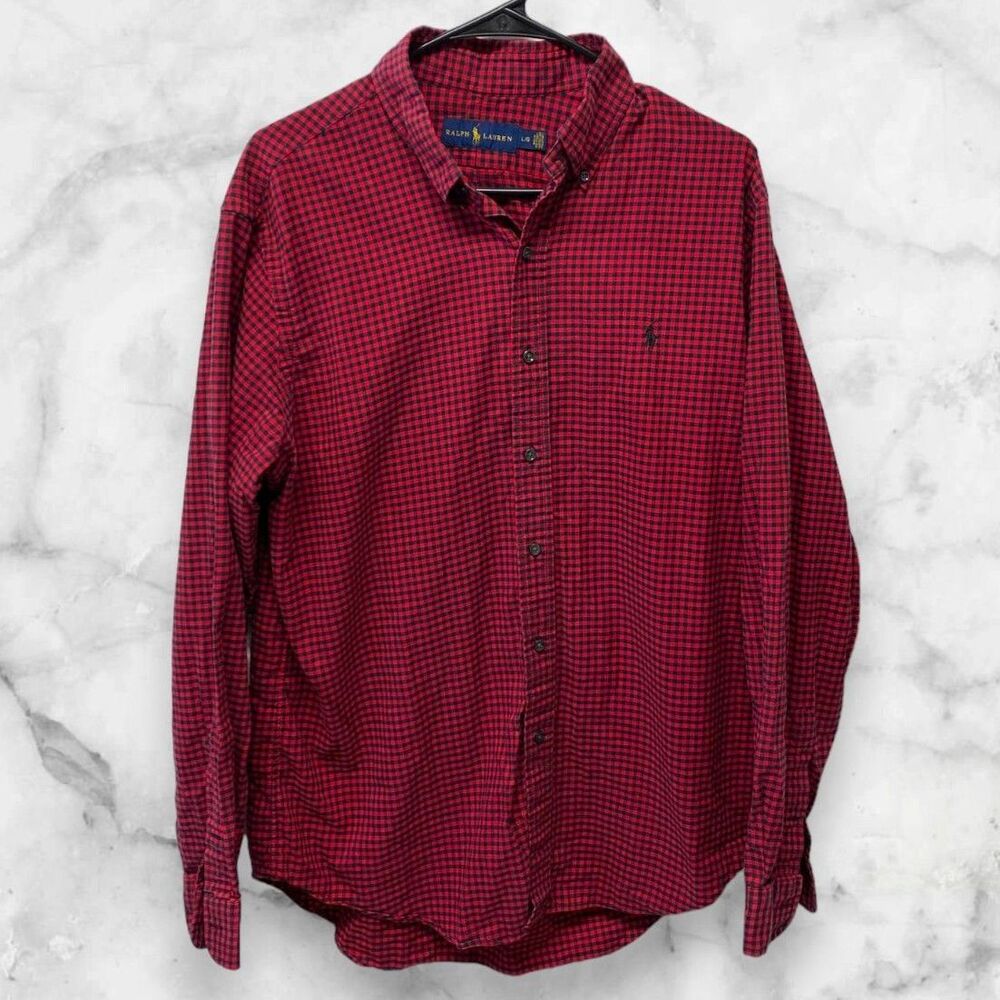 Ralph Lauren Men's Red/Black Checked Twill Long Sleeve Shirt 100% Cotton, Size L